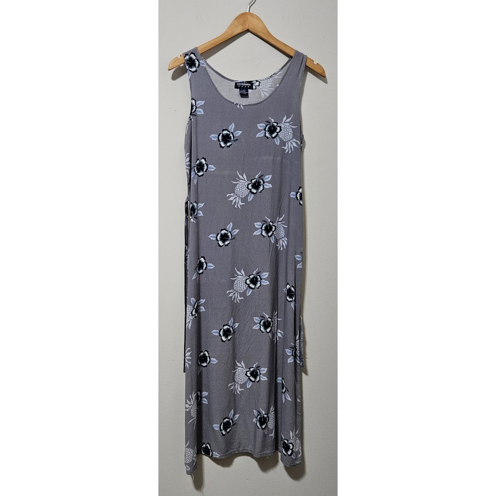 Hawaiian Pace Womens Grey Hibiscus Pineapple Print Rayon Maxi Dress Size Small
